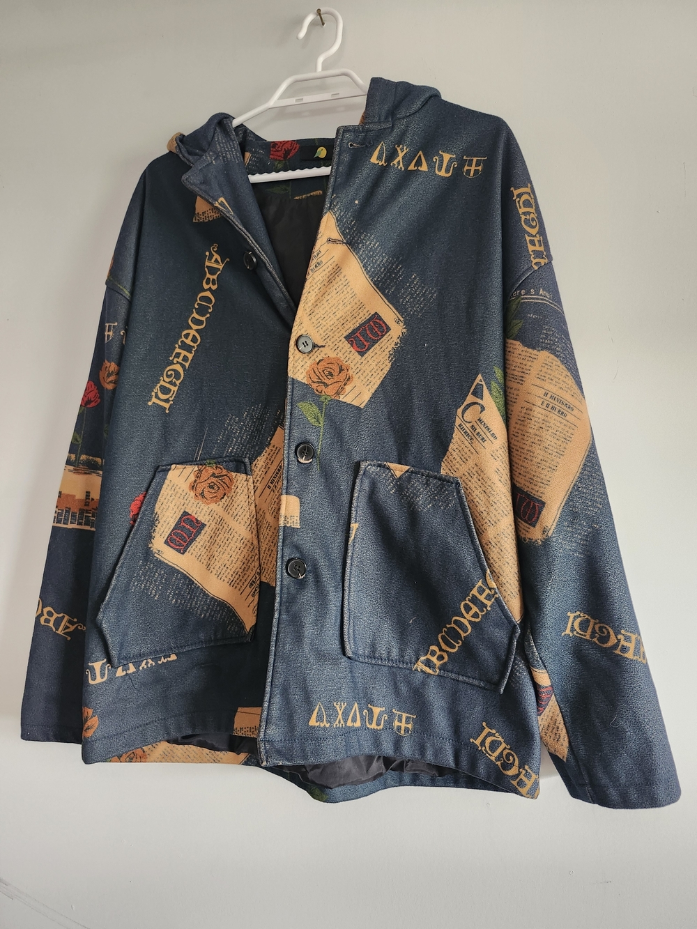 Japanese Streetwear Printed Hooded Jacket | Tan Newspaper Motif